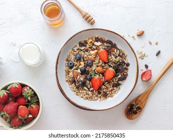 Breakfast Atmosphere With Granola And Some Fresh Berries, In Rustic Style And Bright Mood Food Photography And Angle Flatlay