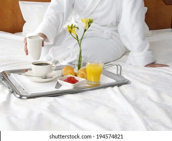 Breakfast In Bed In Hotel Room. 