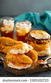 Breakfast Biscuit Sandwiches With Fried Chicken With Red Pepper Jelly