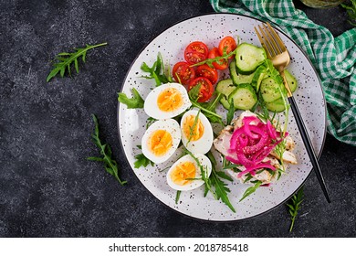 Breakfast. Boiled Eggs Salad With Greens, Cucumbers, Tomato And Sandwich With Ricotta Cheese, Fried Chicken Fillet And Red Onion. Top View, Overhead