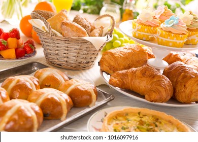 Breakfast Or Brunch Table Filled With All Sorts Of Delicious Delicatessen Ready For An Easter Meal.