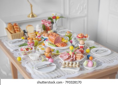 Breakfast Or Brunch Table Setting For Easter Meal With Friends And Family Around The Table Top View
 