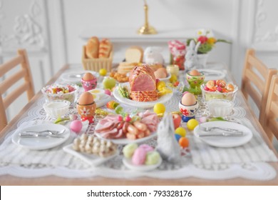 Breakfast Or Brunch Table Setting For Easter Meal With Friends And Family Around The Table Top View
 