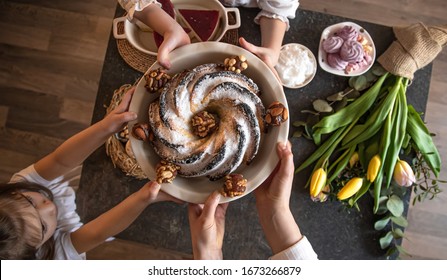 Breakfast Or Brunch Table Setting Full Of Healthy Ingredients For A Delicious Easter Meal With Friends And Family Around The Table. The Concept Of The Easter Holiday And Family Values.