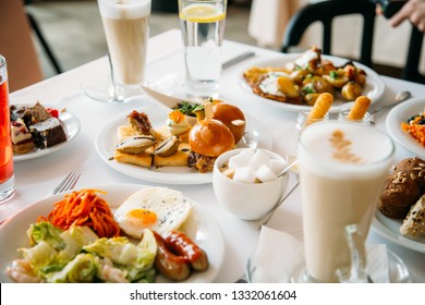 Breakfast Buffet Concept, Breakfast Time in Luxury Hotel, Brunch with Family in Restaurant, Table with Plates of Food for Breakfast - Image