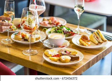 Breakfast Buffet Concept, Breakfast Time In Luxury Hotel, Brunch With Family In Restaurant, Mans Hand With Glass Of Champagne