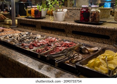 Breakfast Buffet With Different Kinds Of Fish And Lemon Slices At A Hotel In Israel. Select Focus On One Kind Of Fish.
