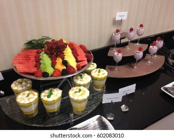 Breakfast Buffet- Fruit Platter, Mango Parfait Shooters, Triple Berry Smoothies