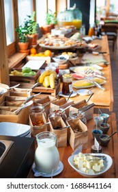 Breakfast Buffet Table Filed With Assorted Foods	