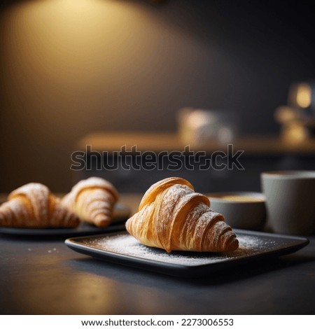 Breakfast a bunch of croissant and a cup of coffee with cafe vibe background. 