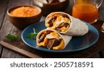 Breakfast Burrito: Flour tortilla stuffed with eggs, sausage, cheese, and often potatoes, wrapped up for a portable breakfast.