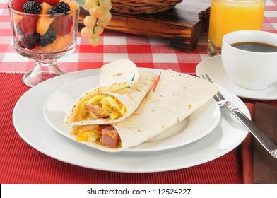 Breakfast Burritos With Fruit Cocktail And Coffee