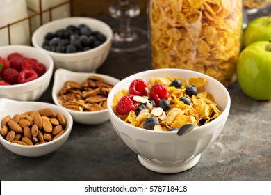 Breakfast Cereal Bar Or Buffet With Variety Of Cereals, Fruit And Nuts