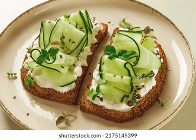 Breakfast, Cereal Bread Sandwiches, Cream Cheese, Sliced Cucumber, With Micro Greenery On A Light Table, Close-up, Top View, Selective Focus, No People,