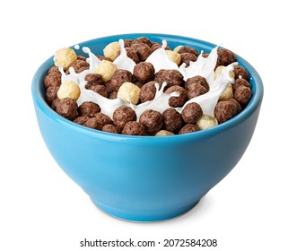 breakfast cereal with splashing milk isolated on white background. Vanilla and chocolate corn balls in blue bowl