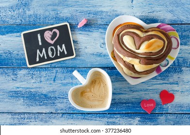 Breakfast With Coffee And Bun Heart. Letter I Love Mom. Mother's Day