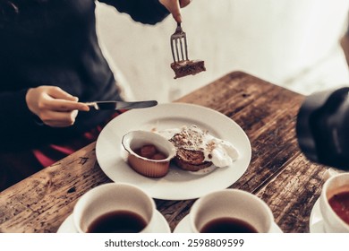 Breakfast with coffee at a cafe