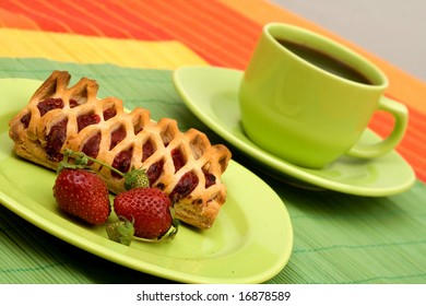 breakfast and coffee on the table