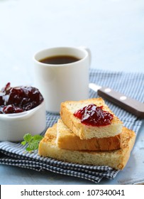 Breakfast With Coffee,  Toast And Cherry Jam