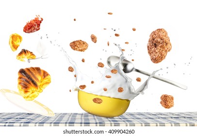 Breakfast Concept Levitation No Gravity, Cereal Bowl Milk Cereals 