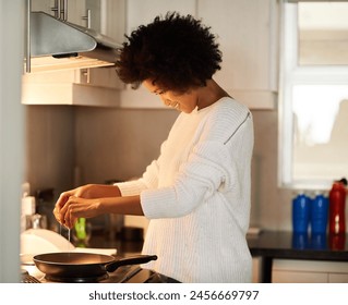 Breakfast, cooking and egg with black woman in kitchen of home for diet, health or nutrition. Food, pan and stove with afro person in apartment to prepare morning meal for hunger or wellness - Powered by Shutterstock