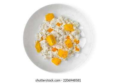 Breakfast Of Cottage Cheese With Peach And Mango.Balanced, Nutritious, Tasty And Nutritious Food. Ready-made Menu For A Restaurant Or For Delivery. Isolated On A White Background