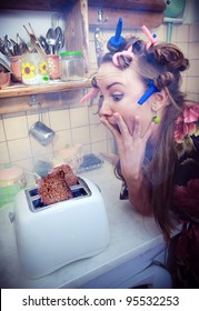 Breakfast Disaster. Young Woman Cooking In Her Kitchen