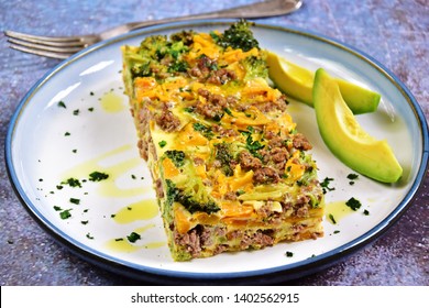 Breakfast Egg Casserole With Beef Mince, Pumpkin And Broccoli. Keto And Paleo Diet Dish