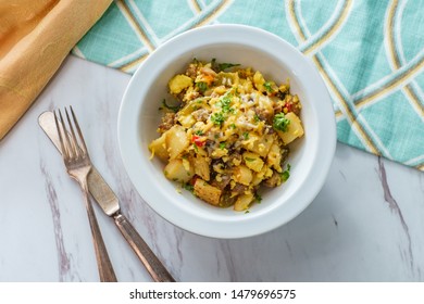 Breakfast Egg Scramble Bowl With Sausage Potatoes Mushrooms And Cheddar Cheese