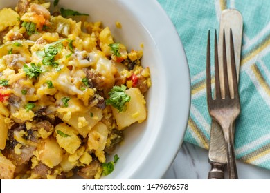 Breakfast Egg Scramble Bowl With Sausage Potatoes Mushrooms And Cheddar Cheese