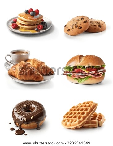 Breakfast Food items, pancakes with berries, cookies, croissant with cup of tea, sandwich, donut, waffles. Breakfast dishes isolated on white background.