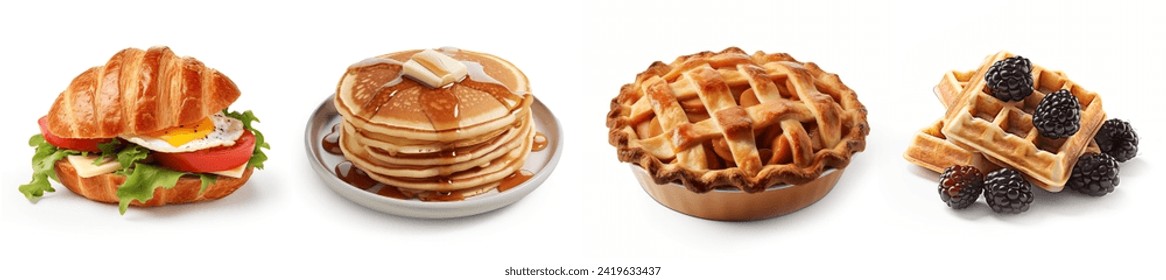 Breakfast Food items, pancakes with syrup, waffles with berries, Croissant sandwich, apple pie. Breakfast bakery foods isolated on white background. Closeup of breakfast collection on white background - Powered by Shutterstock
