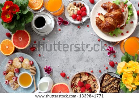 Breakfast food table. Festive brunch set 