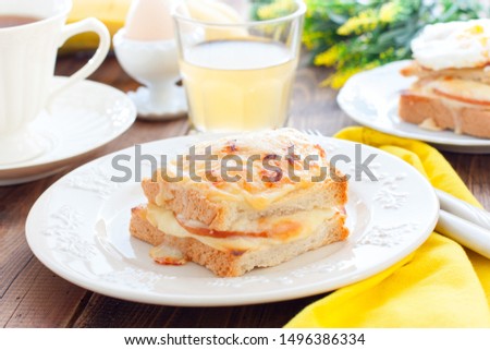 Breakfast with french cheese and ham croc monsieur sandwich, horizontal