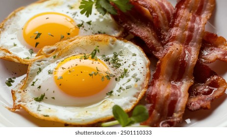 Breakfast with fried eggs and bacon close up. Fried sunny side eggs with bacon on plate, healthy keto meal.
