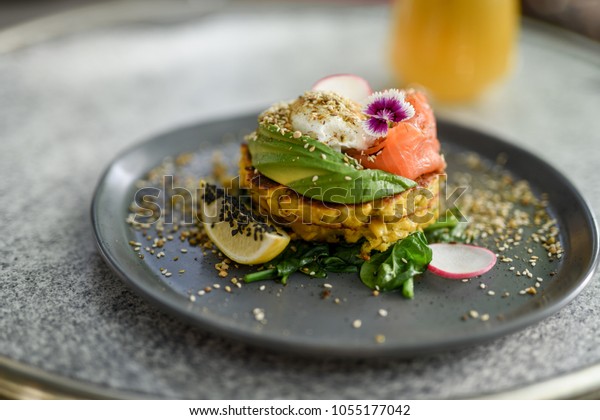 Breakfast Goals Corn Fritters Smoked Salmon Stock Photo Edit Now 1055177042