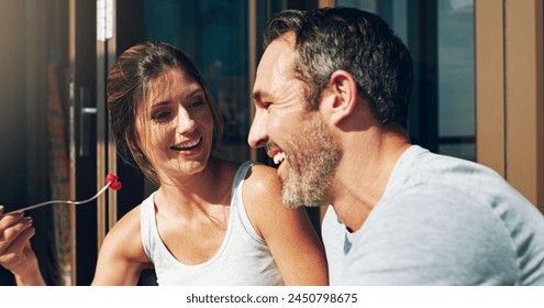 Breakfast, happy and couple in morning in backyard for eating, bonding and enjoy meal together. Home, patio and mature man and woman with food for wellness, nutrition and health in conversation - Powered by Shutterstock