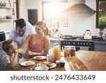 Breakfast, happy family and nutrition in kitchen for love, support and healthy meal in morning. Parents, kid and people at table for pancakes, brunch or wellness while together at home for bonding