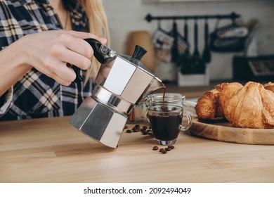 Breakfast At Home Fresh Espresso Coffee From The Classic Italian Geyser Coffee Maker Moka And Croissants On The Table