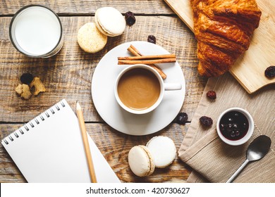 Breakfast At Home On Wooden Table With Cup Of  Coffee