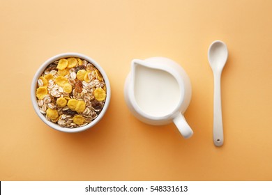 Breakfast Ingredients. Cereals With Milk. Top View