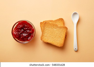 Breakfast Ingredients. Jam And Toast Bread. Top View