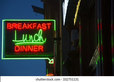 Breakfast Lunch Dinner Neon Sign At A New Restaurant