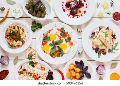 Breakfast Meals Variety In Restaurant Flat Lay. Top View On Buffet Table With Different Tasty Snacks. Menu, Banquet, Party, Appetizer Concept