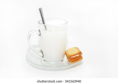 Breakfast Milk And Cookies On White Background