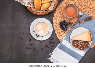 Breakfast. Morning coffee with tea and fresh pastries. Cake with biscuits. Sweet food. Flat lay - Powered by Shutterstock