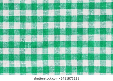 Breakfast Natural Linen Country Plaid Tartan Kitchen Fabric Material Abstract Check Texture Background Texture, Green And White. Flannel Tartan Patterns. Trendy Tiles Photo. Print Scottish Square