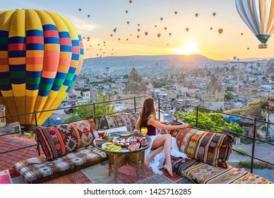 Breakfast on the roof with amazing view on Cappadocia, Turkey.