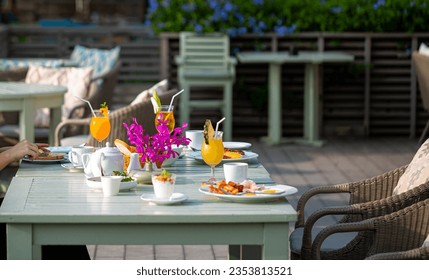 breakfast on table,Table full of various fresh food in luxury modern restaurant in hotel. Delicious dishes