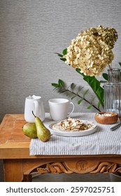 Breakfast, orange juice. Flatbread with curd-fig paste with stewed pear, homemade cheese and hazelnuts.